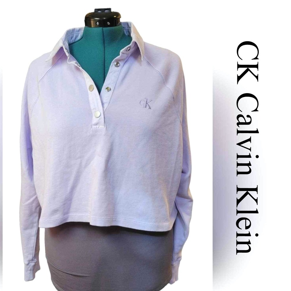 Calvin Klein Jeans Womens Cropped Polo‎ Sweatshirt Lavender Purple Snap Neck L